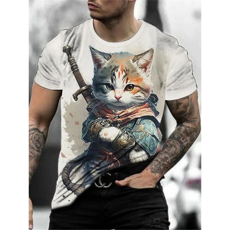 Men's Shirt Style Samurai Cat Graphic 3D Printed Fashion T-Shirt Casual Short Sleeved Tee Ersized Men Clothing Tshirt