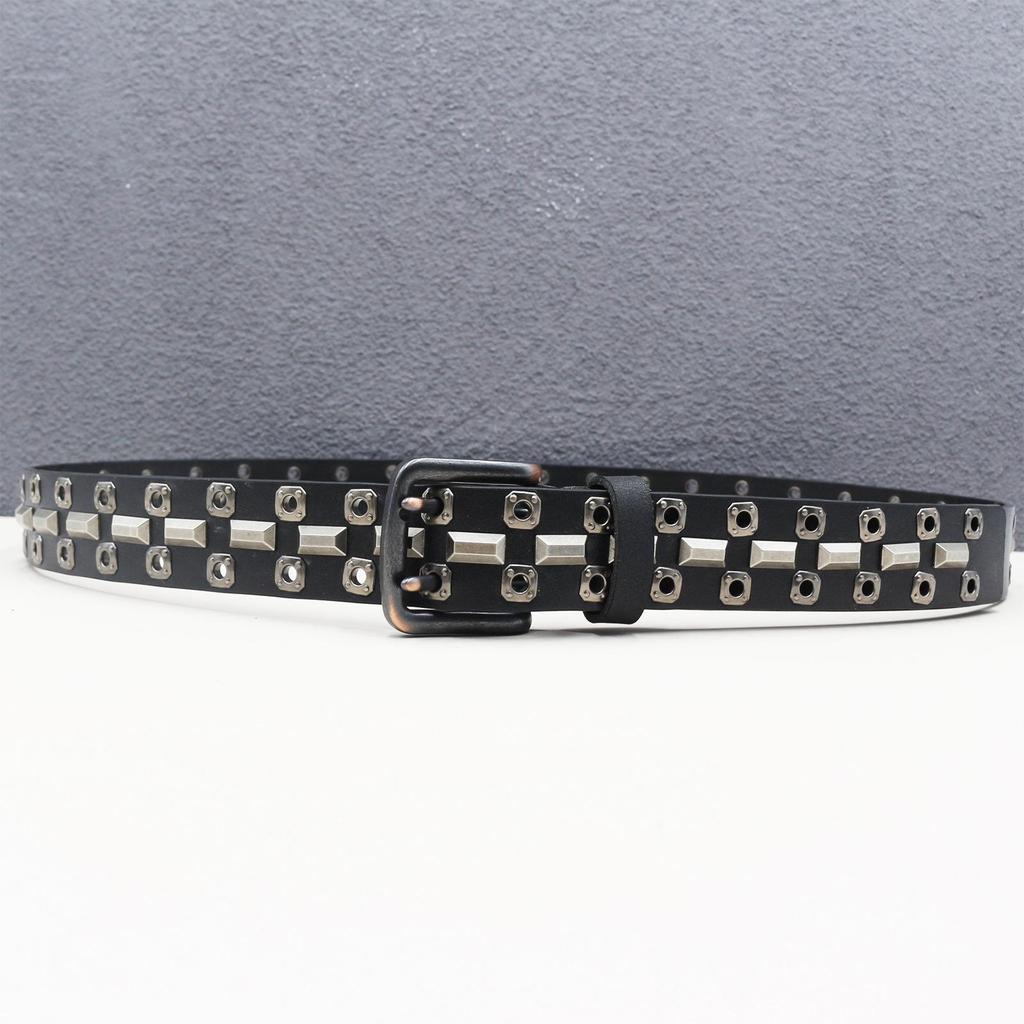 Gothic Double Eyelet Rivet Leather Belt - Top Layer Cowhide, Heavy Industry American Style, Y2K