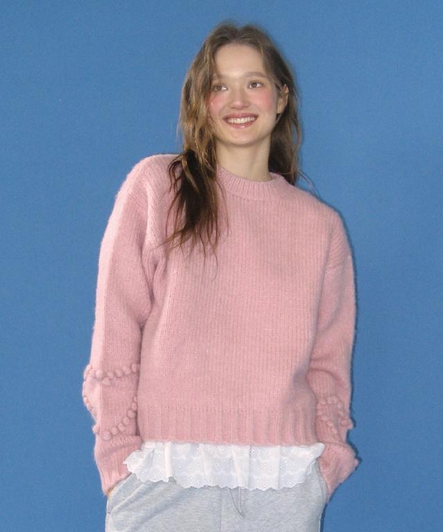 RONRON Handmade Heart Sleeve Point Pullover Knit Cream Pink