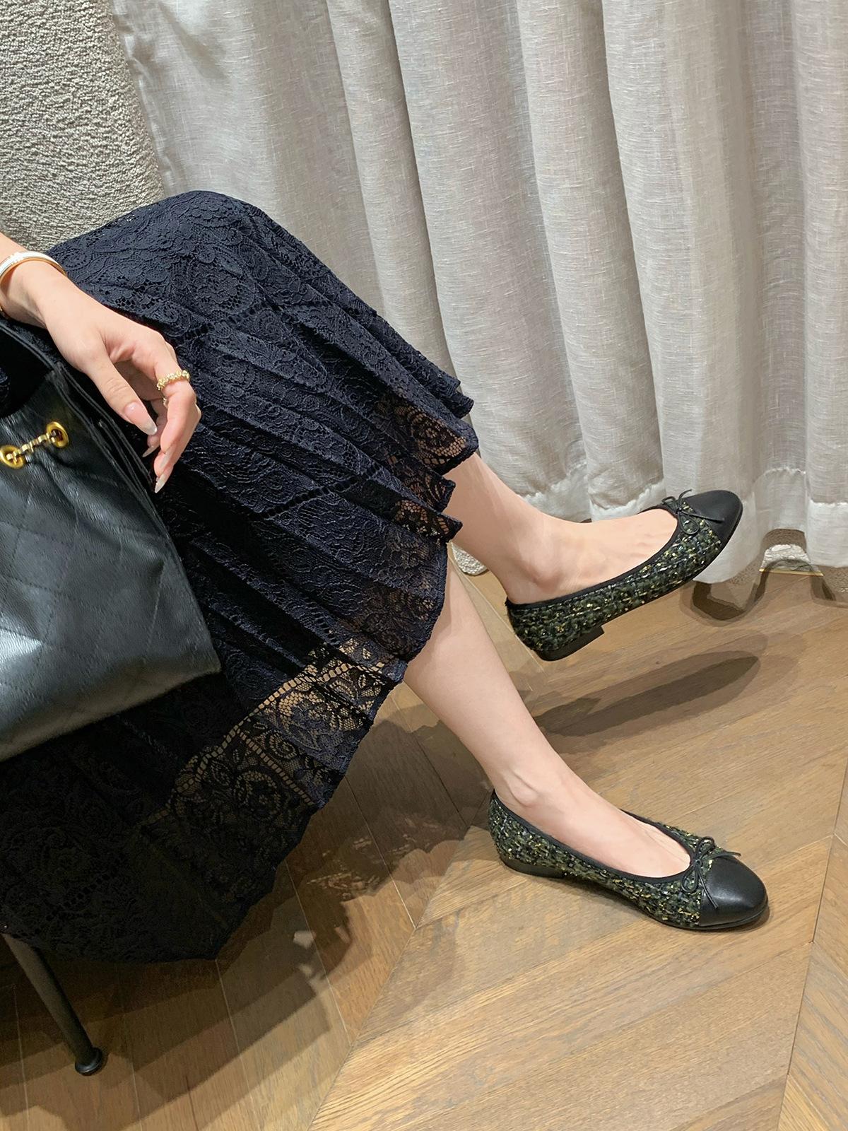 

Sheepskin grape mother same classic splicing round head ballet flats bow low heel small fragrant wind light mouth single shoes 40 зелёный