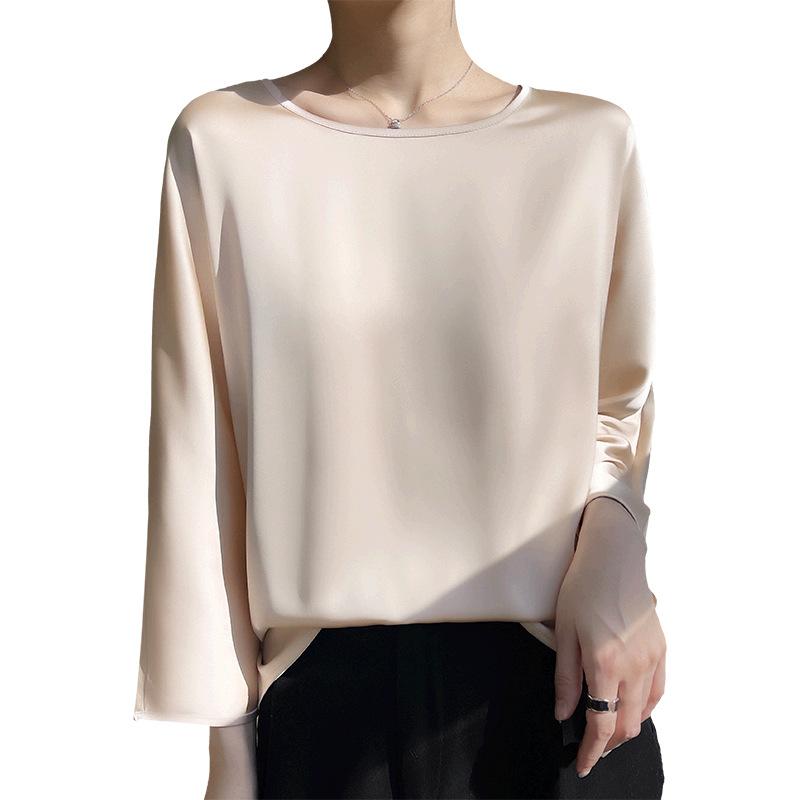 Silk T-shirt for Women Spring and Summer Round Neck Loose Nine Points Sleeve Satin T-shirt French Temperament Simple Top