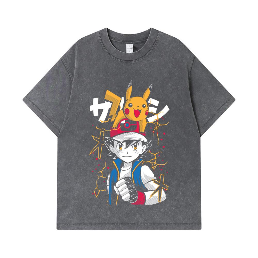275 GSM Washed T-shirts 100% Cotton Pokemon V2 Ash Print Unisex Heavy Cotton T Shirt