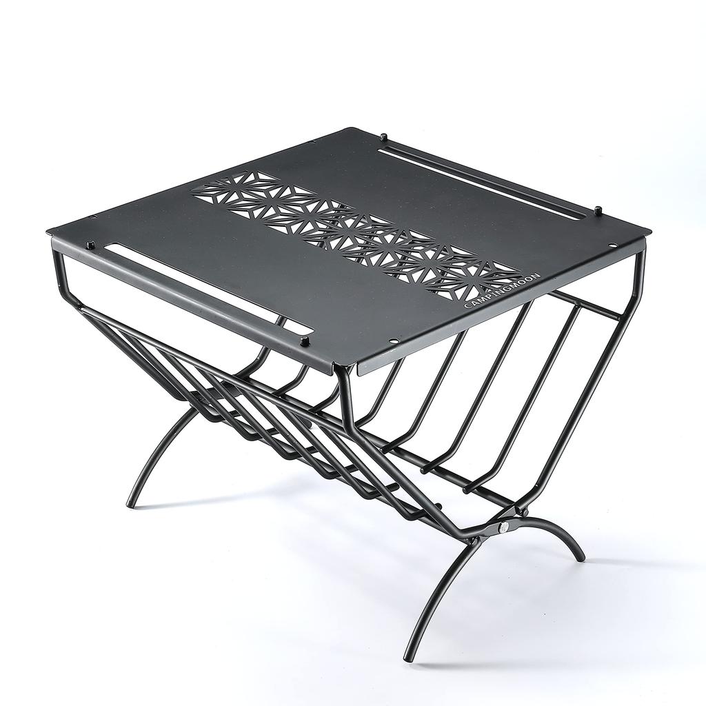 CAMPING MOON Firewood Rack with Top Plate for Field Firewood Rack Table Fireside Table Black Black Gear T-285A