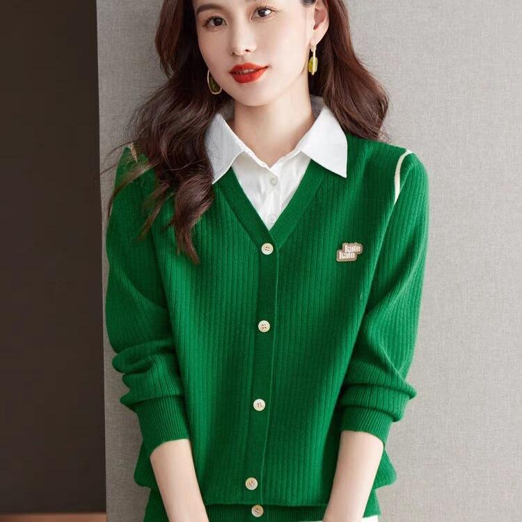 

Поддельные двухсекционные топы для женского свитера, новая весенняя рубашка с длинными рукавами и воротником, трикотажная основа M