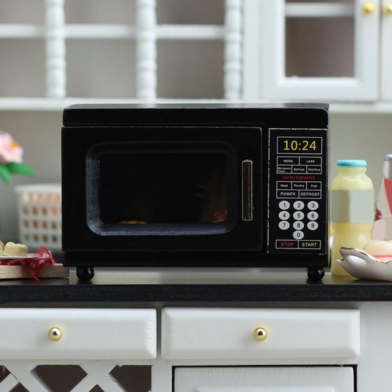 Wooden Dollhouses Microwave Toy For Kids Adults Realistic Kitchen Decors In Black 1/12 Scale Design