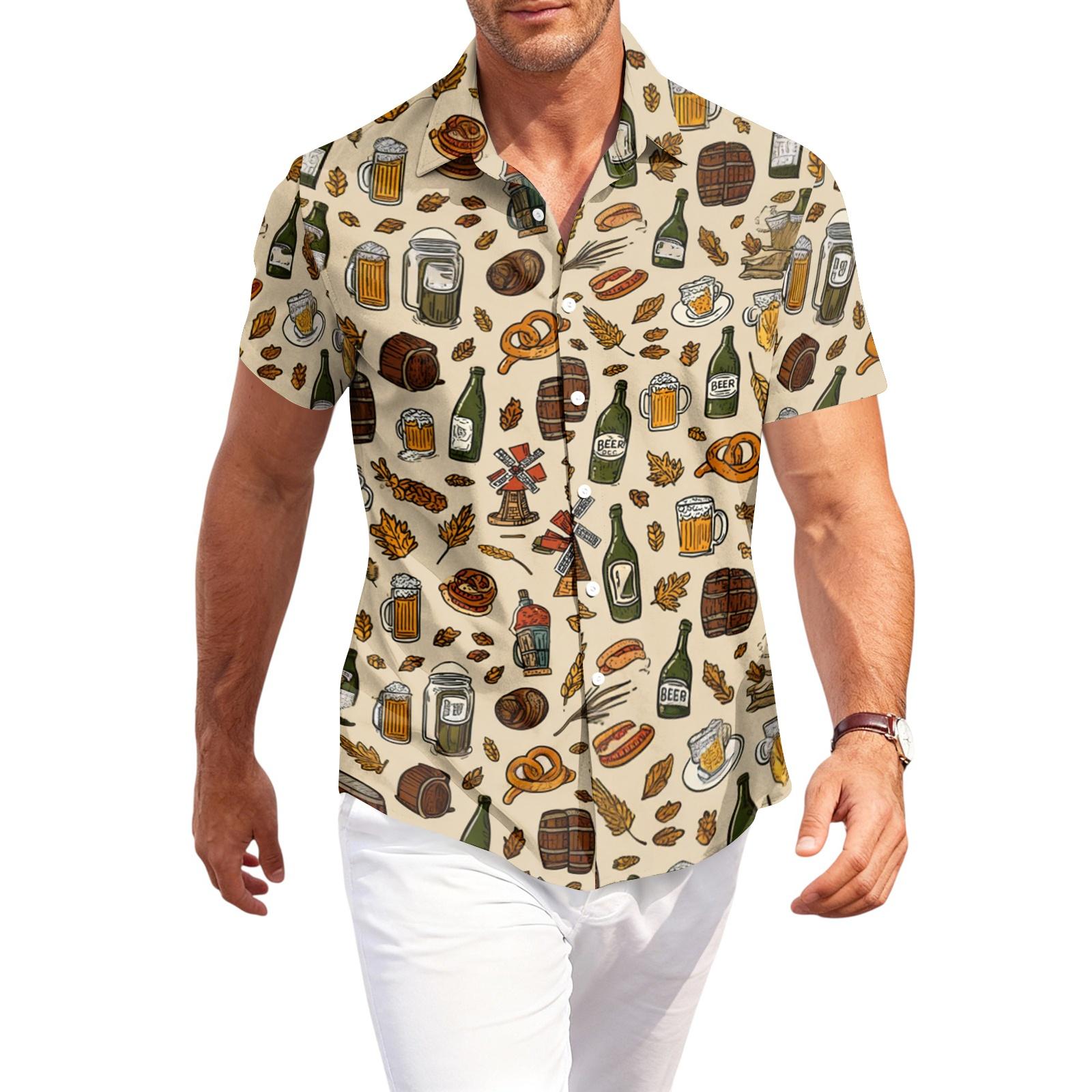 Men s Casual Short Sleeve Button Down Shirt Beer Mug Print Lightweight Breathable Fabric Relaxed Fit Summer Shirt XXXL хаки