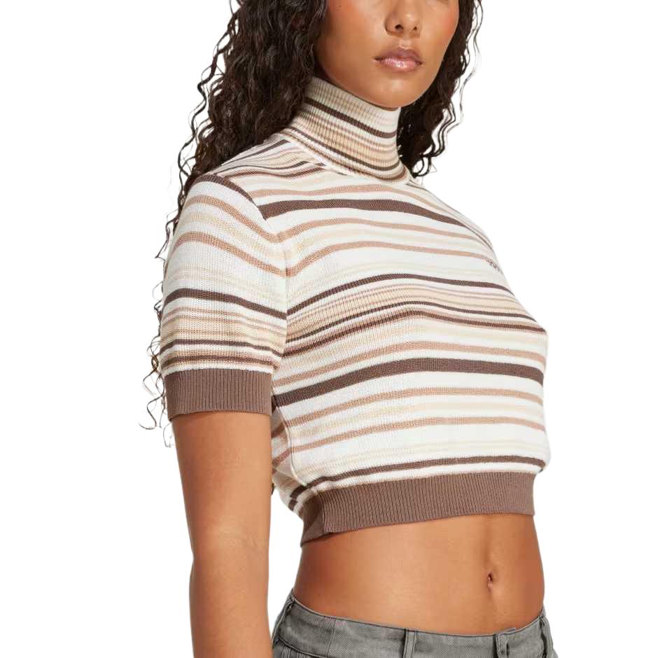 Adidas Cropped Striped Turtleneck Windproof Comfortable Soft Knit Top Women Tops Gray White JD3593