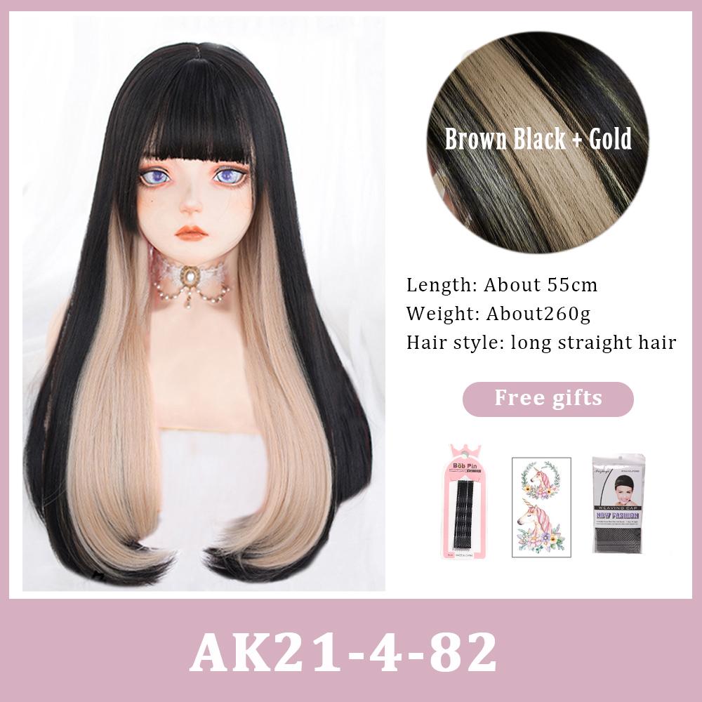 

Парик с челкой Коричневый Черный Синтетический градиент Многоцветный парик с цветными блоками Парик Лолита