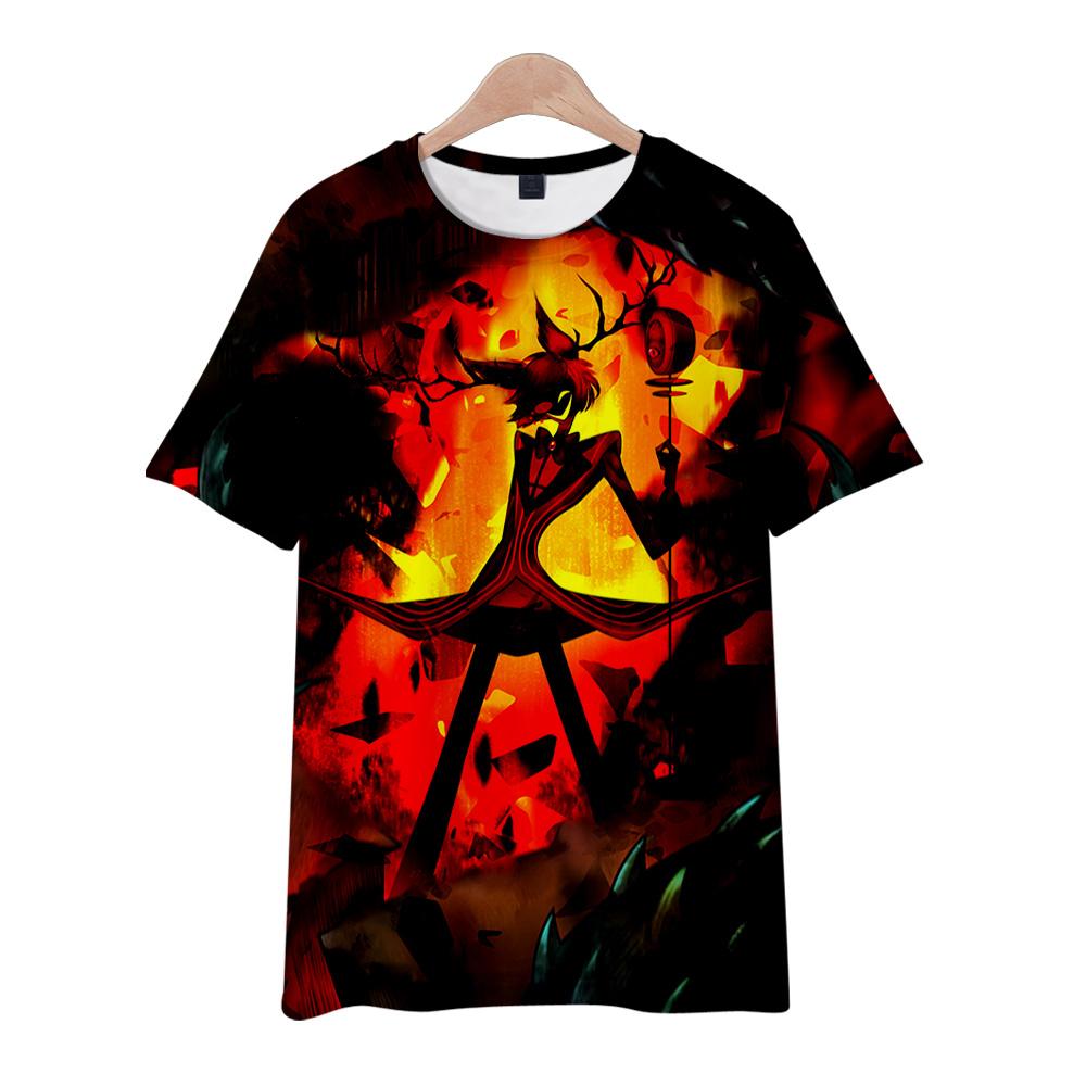 Hazbin Hotel Anime Damen Herren T-Shirts Grafikshirt Cartoon bedruckt O-Ausschnitt Übergroße kurze Ärmel Mode Herrenbekleidung Streetwear