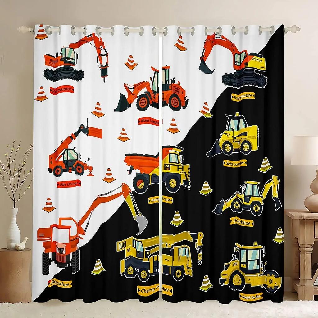 Barn Tecknad Lastbil Kran Grävmaskin Pojkars Favorit Byggnadsgardin Tunga Maskiner 3D-Tryckta Fönstergardiner för Sovrum