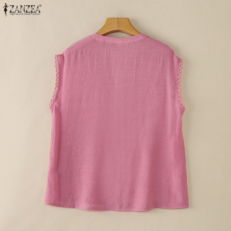 ZANZEA Blusa Casual da Donna con Scollo a V, Colore Unito, Vestibilità Larga, Inserti in Pizzo, Manica Corta