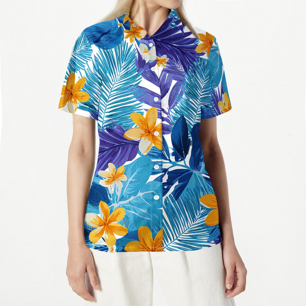 Women's fashionable casual Hawaiian print short-sleeved button-down collar shirt top