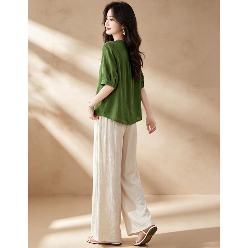 D.F.DEAR Women's Retro Mid-Sleeve Shirt & Wide-Leg Pants Set