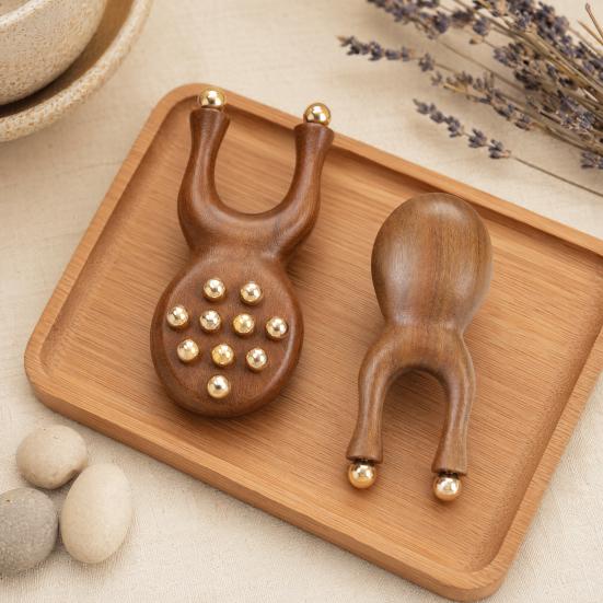 Yousheng Sandalwood Facial Massage Roller with 12 Brass Beads, Y-Shaped Ergonomic Gua Sha Tool for Face Eye Nose Ear Muscle Relaxation Tension Relief