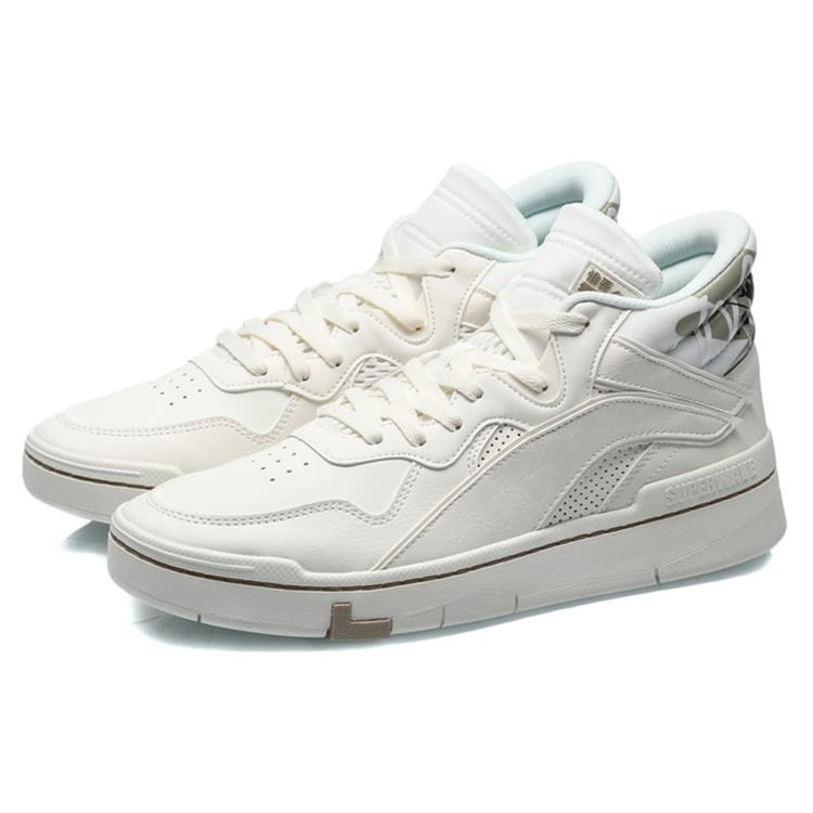 Li Ning Superwave Textile, Synthetic Leather Slip Resistant Abrasion Resistant Mid top Skateboard Shoes Men's White AGCQ061-1