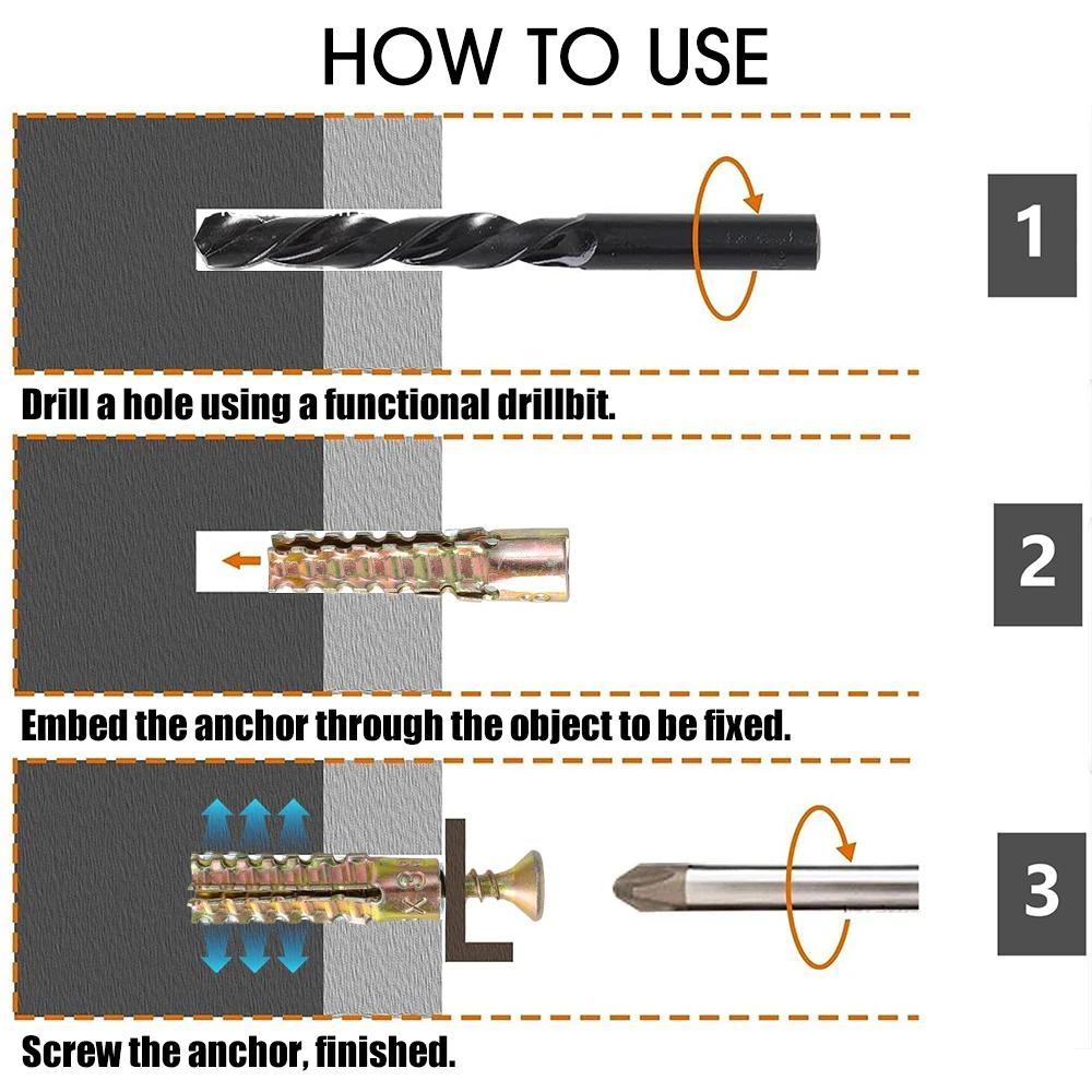 50/10Sets Metal Expansion Tube Pipe Serrated Thorny Self Tapping Screws Drilling Plug for Concrete Wall Bolt Anchors Fasteners