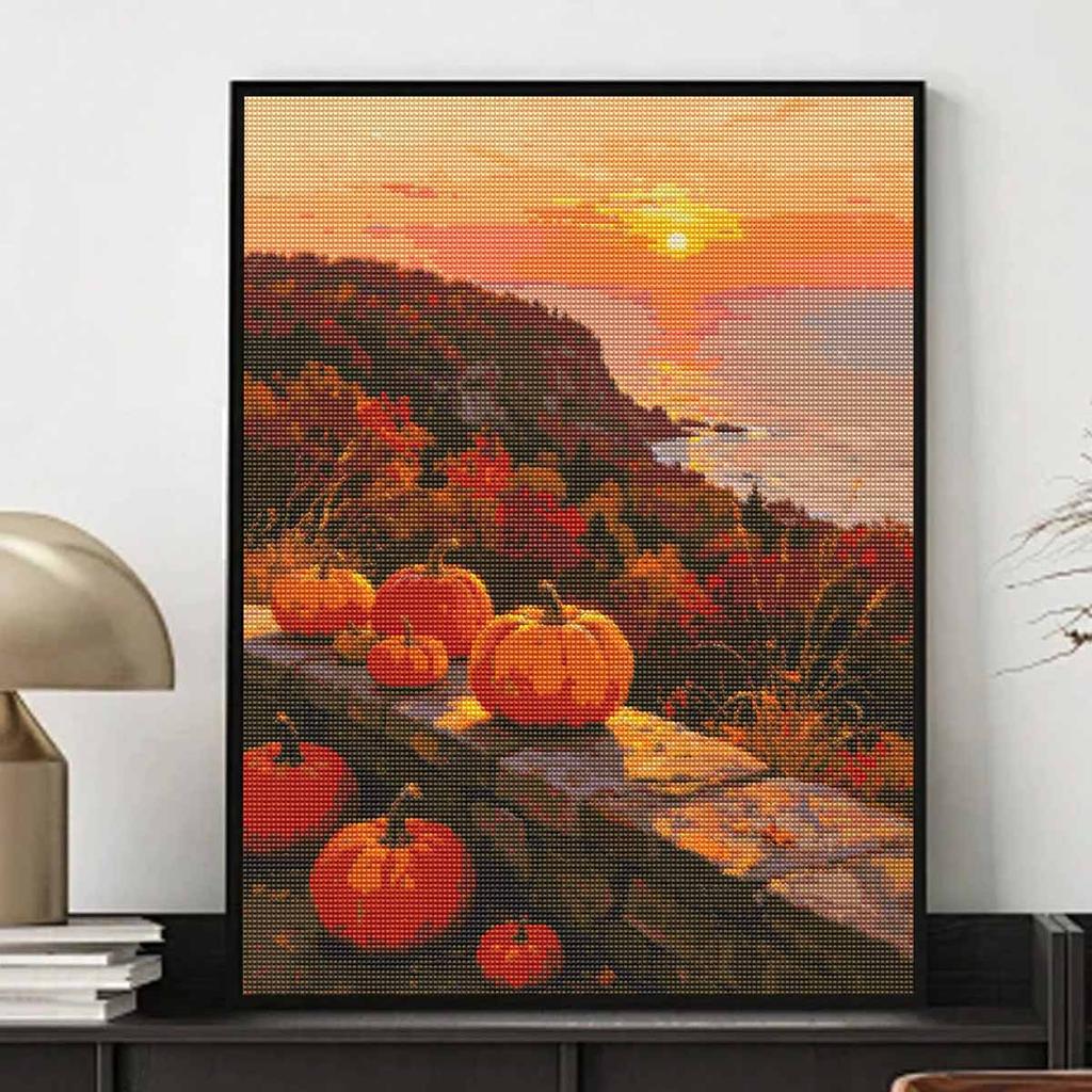 DIY Full Drill Diamond Painting Kit Autumn Harvest Pumpkins Sunset Ocean View Rhinestone Canvas Art Relaxing Handmade Gift for Adults