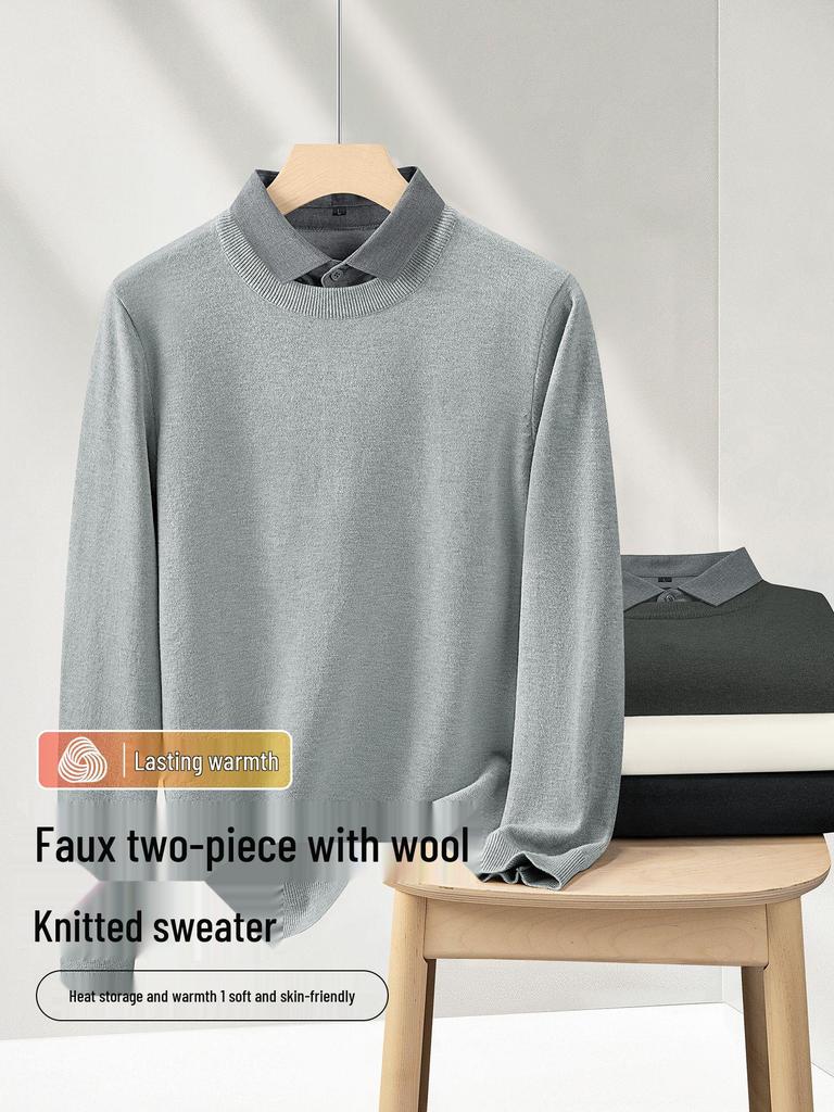 Men's Wool Modal Faux Two-Piece Lapel Sweater: New Autumn/Winter Warm Knit Base Layer Top