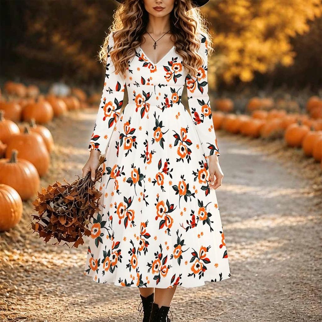 Halloween Women's Flower Print Midi Dress A Line Dress Vacation Casual Daily Regular Fit Long Sleeve V Neck Black Spring Fall