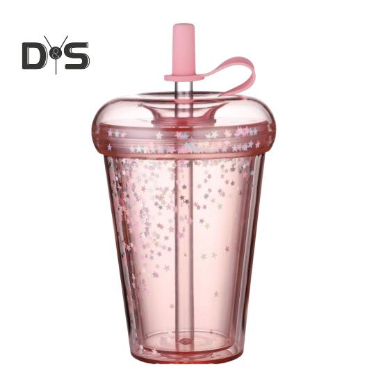 Leak-proof Iced Coffee Cup Reusable Straight Pipette Cup with Built-in Straws Double Wall Insulated Iced Coffee Tumbler Cartoon Drinking Cup