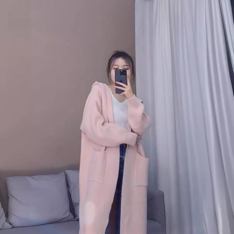 Premium long hooded knitted cardigan autumn and winter thickened lazy wind soft waxy big sweater jacket women