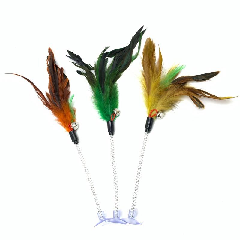 Interactive Swinging Spring Feather Cat Teaser with Suction Cup And Sounding Bell Teaser Wand Toys for Kittens