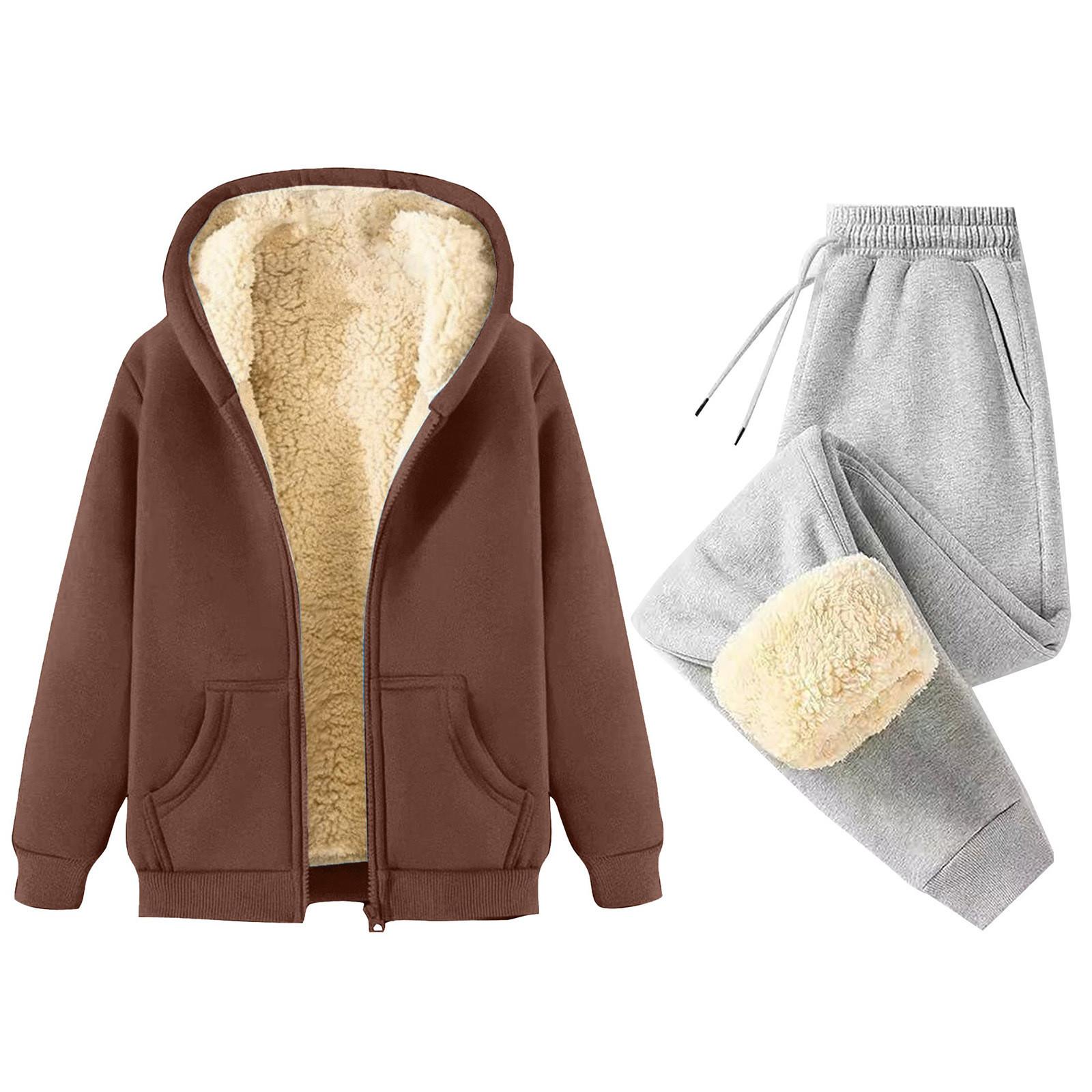 

Женская мода однотонная и зимняя утепленная толстовка с капюшоном на молнии, куртка, спортивные штаны, повседневный комплект из двух предметов L