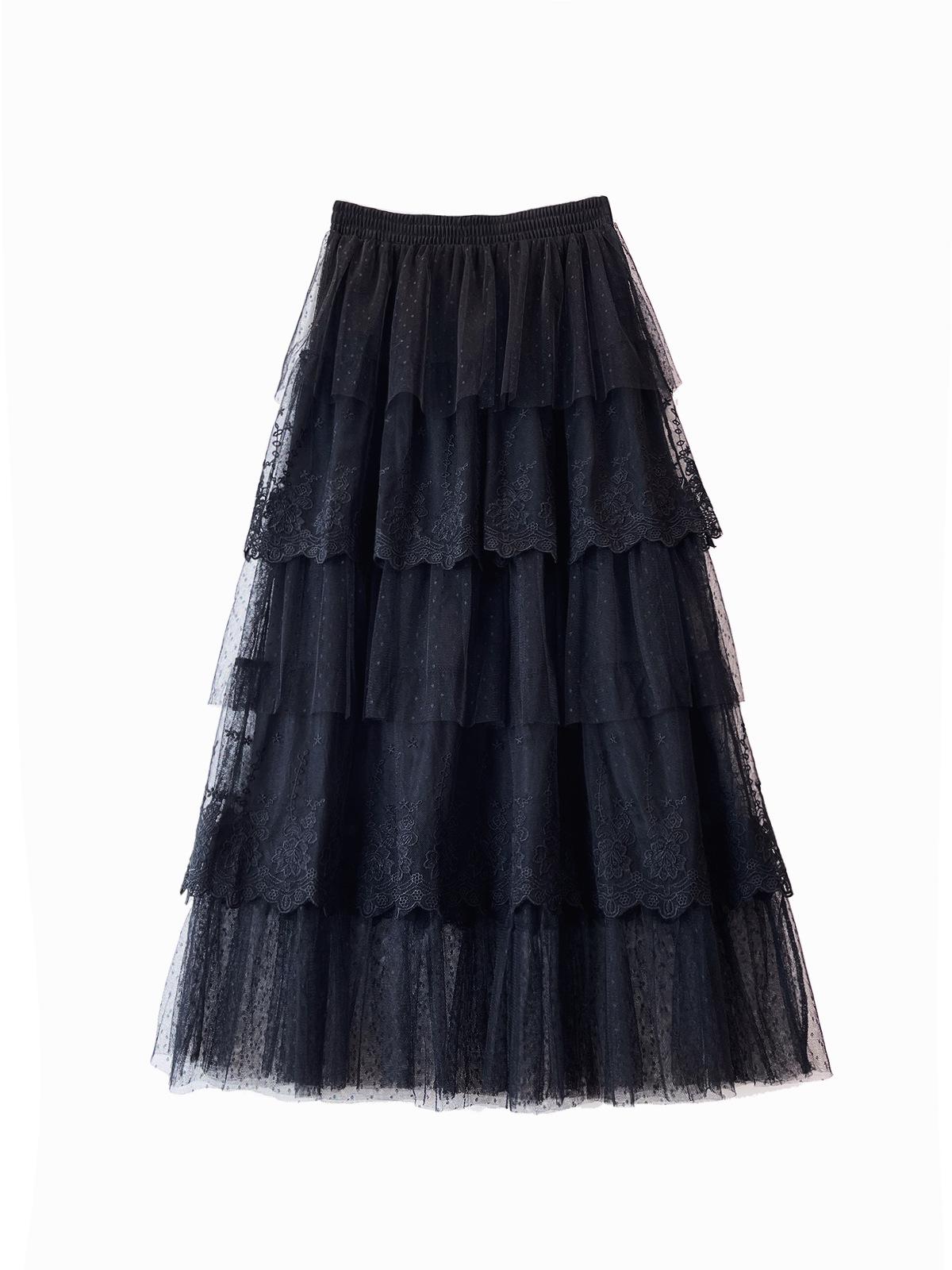 

2024 Summer French Lace Embroidered Tulle Midi Skirt One Size чорний