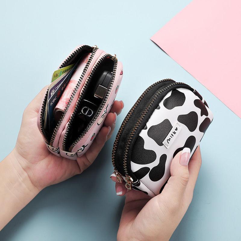 Cute Cow Pattern Coin Purse for Women Card Wallet Students Double Pocket Zipper Key Bag Portable Lipstick Bank Card Bag