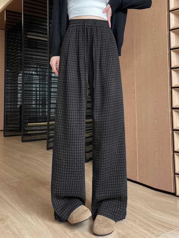 Women's Autumn 2025 Blue Plaid High-Waist Wide-Leg Pants with Drawstring - Retro, Slimming, Casual Style