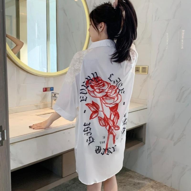 Sexy Nachtwäsche Damen Strickjacke Mittellanger Rock Student Homewear Lose Revers Nachthemden Können Draußen Getragen Werden Damen Nachthemden