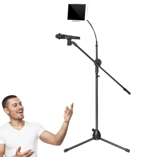 Zynphancer 2-in-1 Microphone Stand Boom, Floor Microphone Tripod, Height Adjustable 75-150cm, with Cell Phone Holder, Bendable Hose, Durable Steel Pip