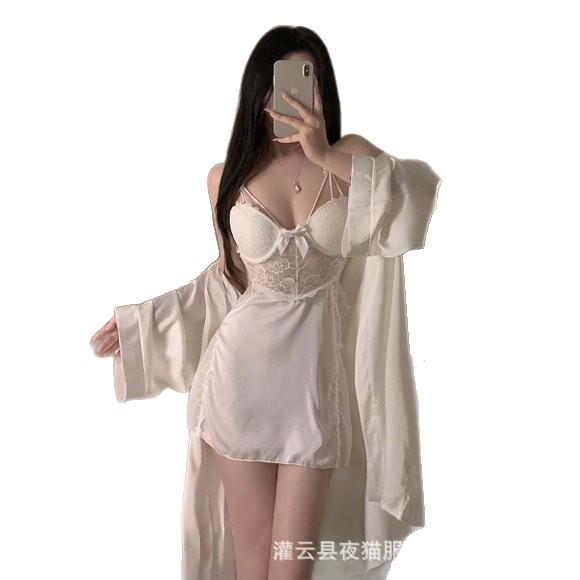 Night cat sexy lingerie robe suspender deep V chest pad with steel rim pajamas women's hot uniform nightdress set
