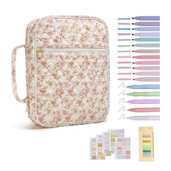 Quilted Bible Case Women Floral Bible Cover Case with Handle Study Supplies Bag Portable