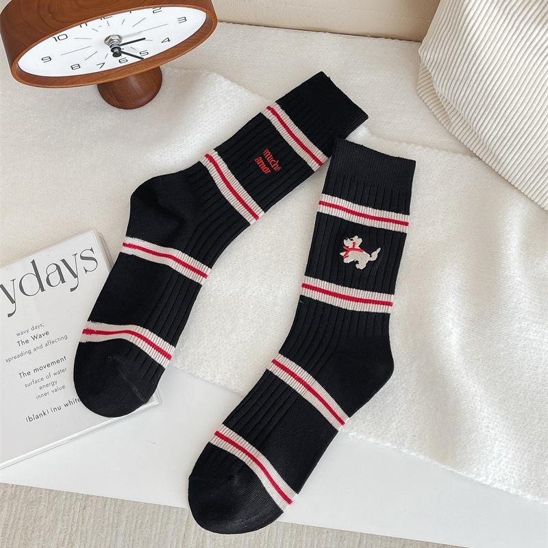 

Striped Ab Embroidered Puppy Socks Double Needle Cotton Mid-Leg Socks European Niche Foreign Style Outside To Wear Piles Of Socks One size fits all чорний