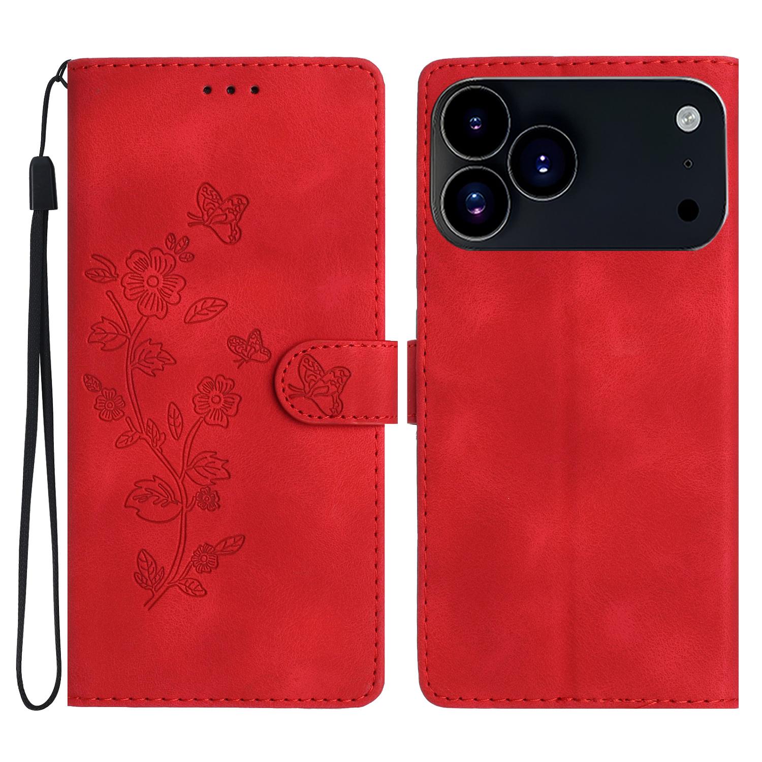

For iPhone 17 Pro Max Case Leather Imprinted Flower Phone Cover Wallet with Wrist Strap Red