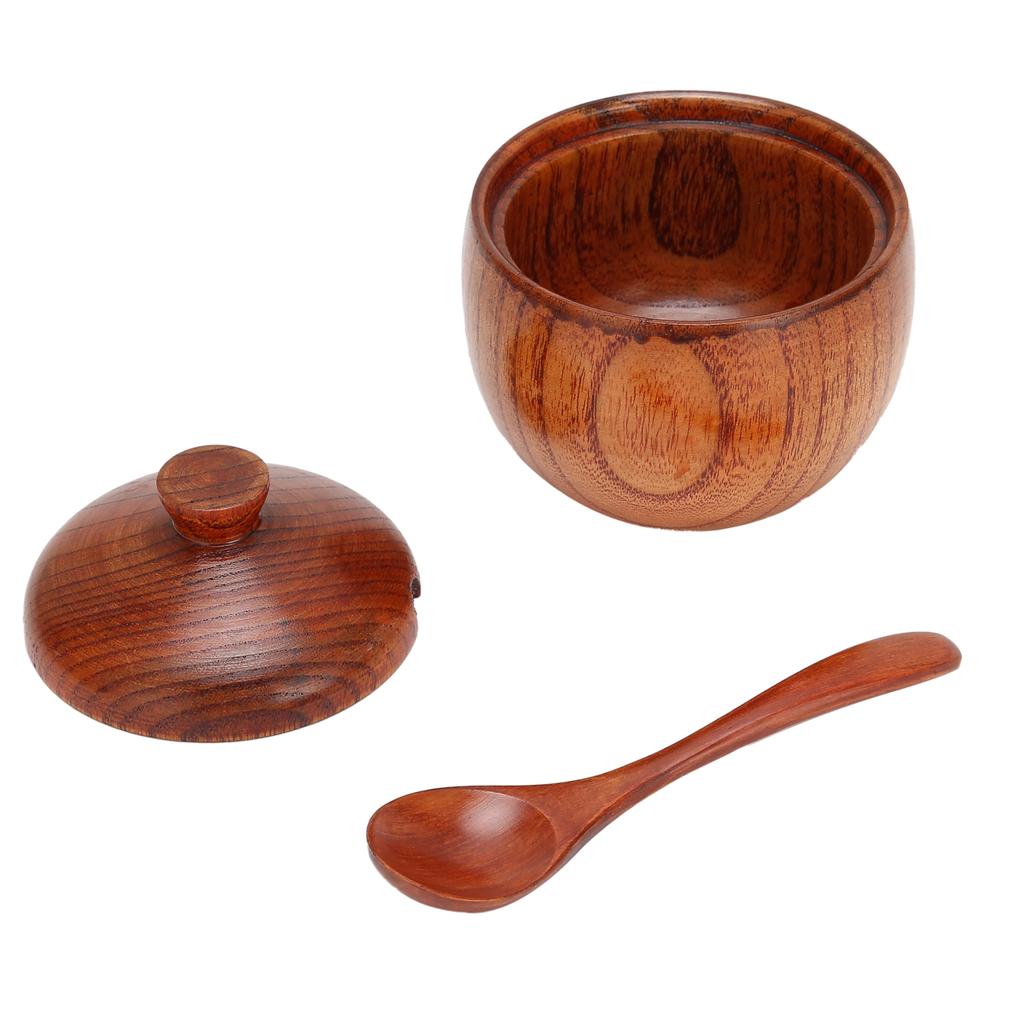 Wood Spice Pot Sugar Bowl Salt Pepper Seasoning Box with Spoon and Lid Kitchen Tool
