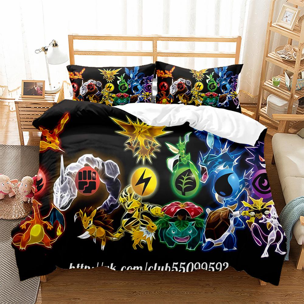 3D Digital Printing Quilt Cover Pillowcase Bedding Cartoon Pikachu Three-Piece Set Home Textile Four-Piece Set Grinding