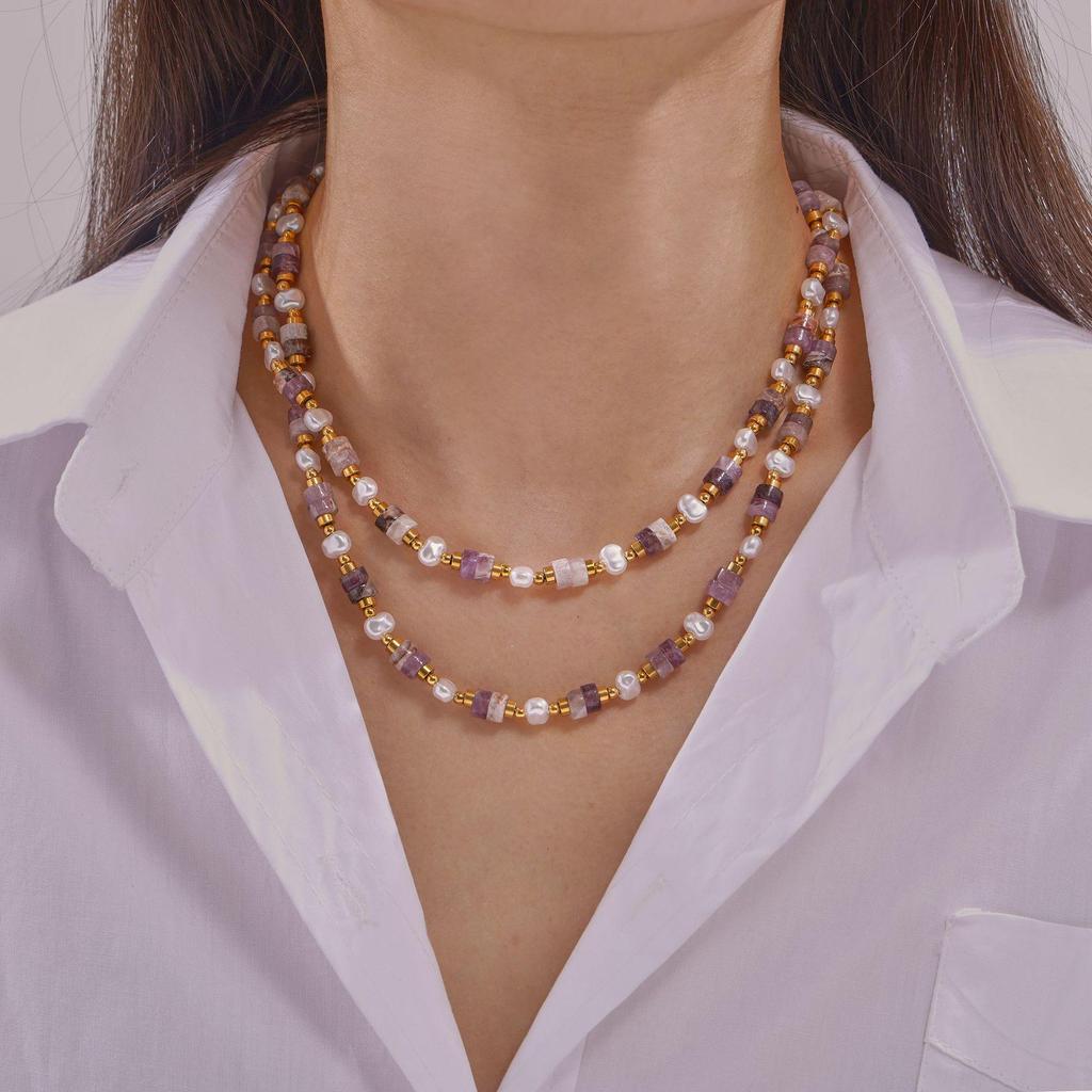 Qiong Yao French Retro Necklace with Natural Stone, Shell Beads, and Purple Crystal Titanium Steel
