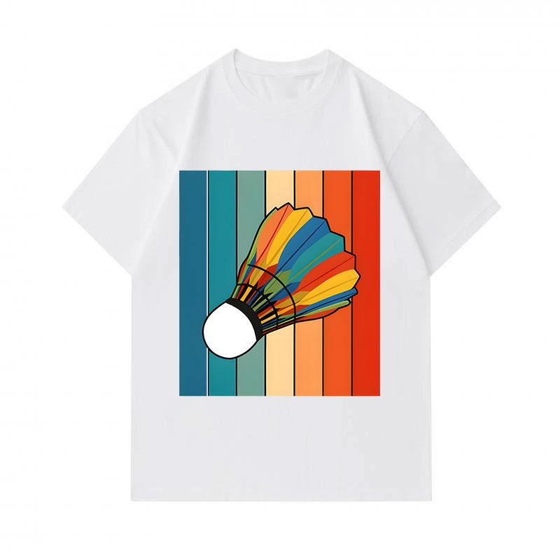 Men's 100% Cotton Crew Neck Short Sleeve T-Shirt, Retro Rainbow Striped Badminton Shuttlecock Graphic Casual Tee for Daily Wear
