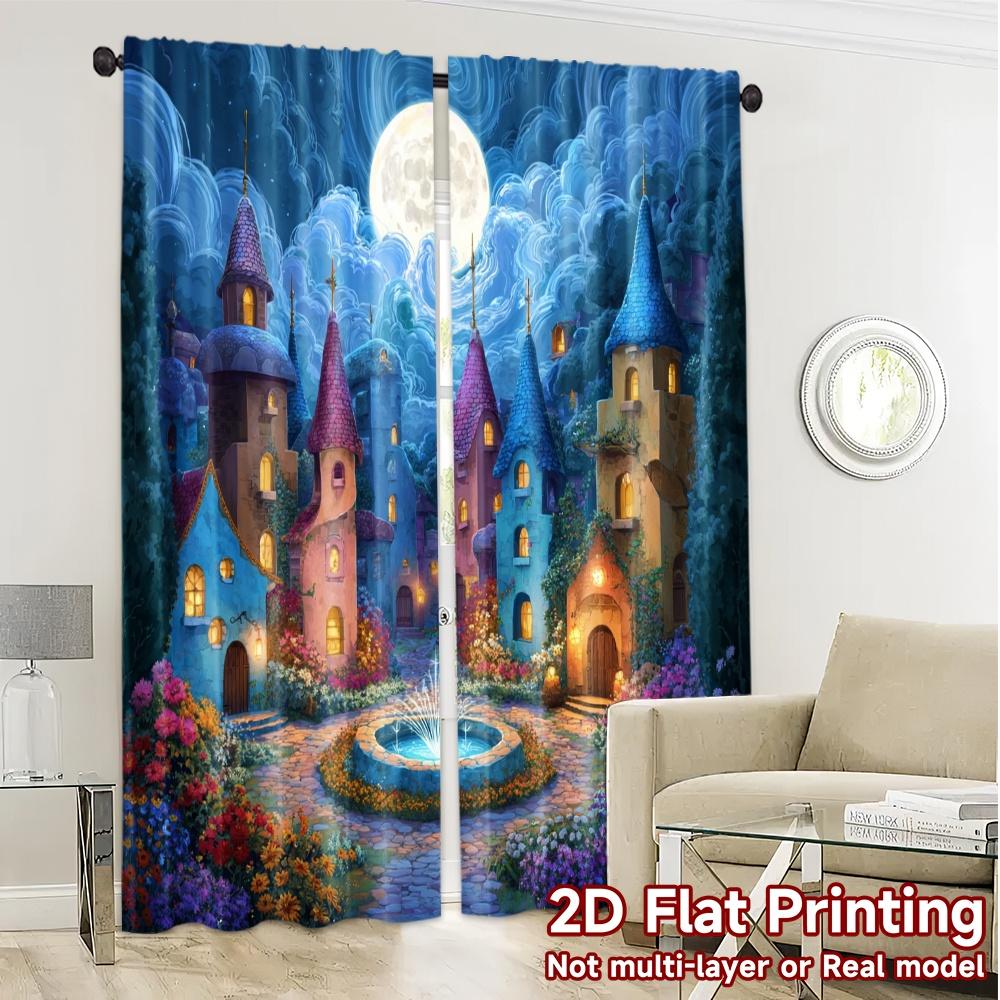 Flat Printing Curtains Without Rod Moonlit Village Fashionable Popular Polyester Decorations Curtain Set Of 2 Made Washable
