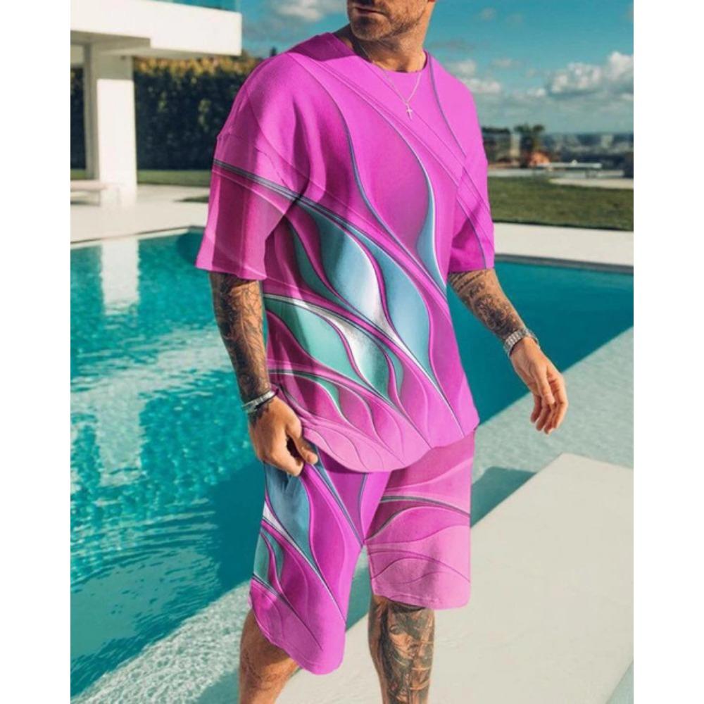 Summer Men's O-Neck Short Suit Sleeve coatGeometric Pattern Print 3D Sportswear Casual Oversized Top Shorts Breathable Sportswea