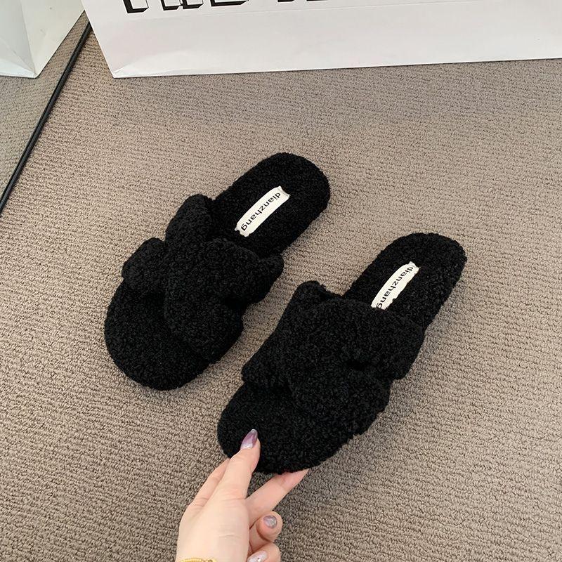 Internet Celebrity Plush Flat Bottom One-word Cotton Slippers Women's Wear 2025 Autumn and Winter New Soft Bottom Comfortable One Pedal Fluff Drag