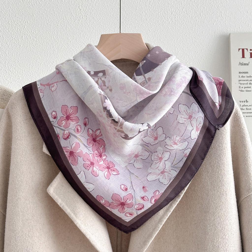 Chinese Camellia Red Cotton and Linen Feel Scarf Women's Small Square Scarf Spring, Autumn and Winter Thin Neck Multifunctional Scarf