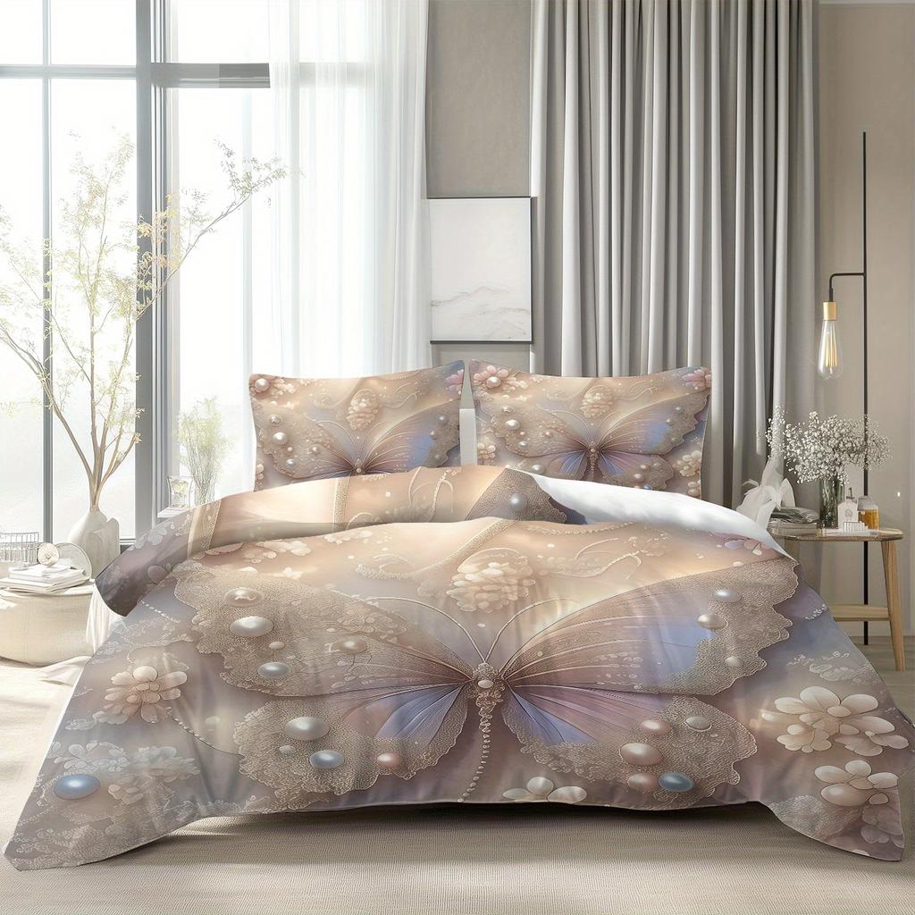 3Pcs Elegant Butterfly Duvet Cover Set, 1 Quilt Cover + 2 Pillowcases, Featuring A Graceful Butterfly Embellished