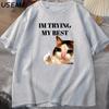 Cat Thumbs Up Crying I'm Trying My Best Funny Tee Casual Cotton Short Sleeve T Shirt Streetwear Harajuku Mens Clothes Tops
