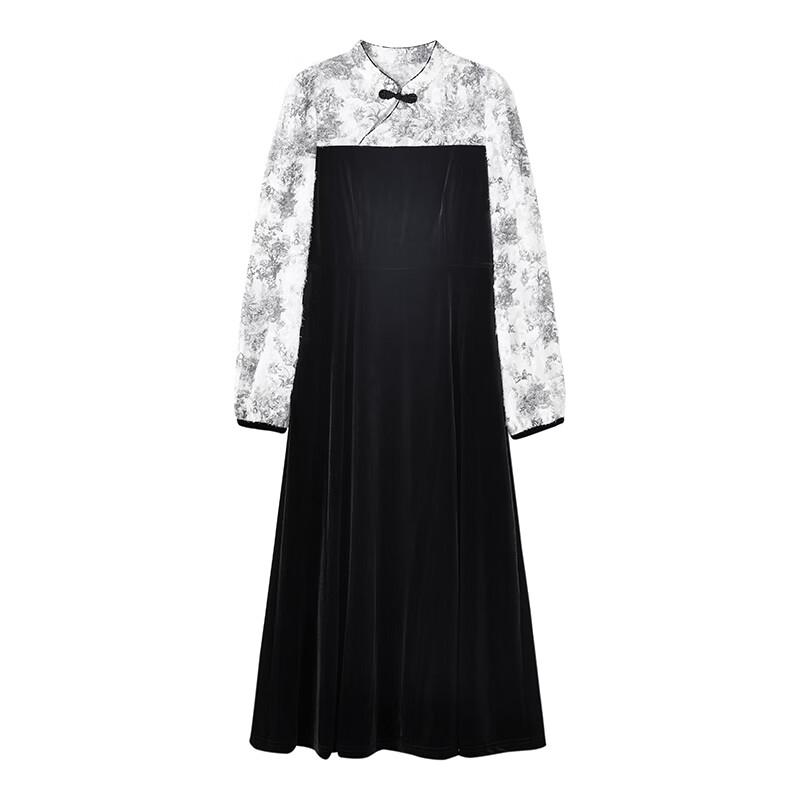 Qiusui Yiren New Chinese Style Patchwork A-Line Little Black Dress