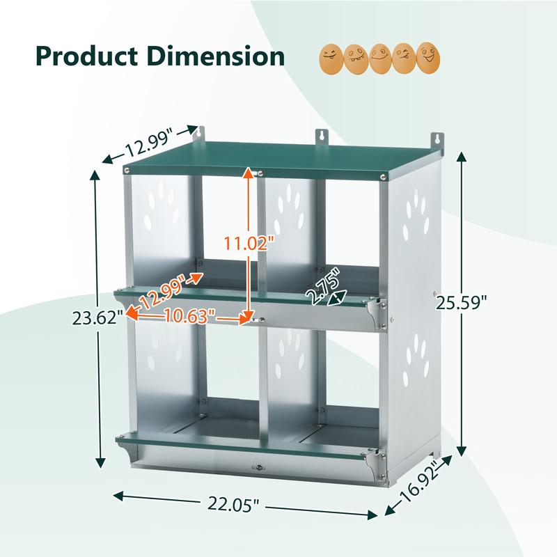 4 Compartment Wall Mount Galvanized Metal Chicken Nesting Boxes, Heavy Duty Egg Laying Nest Box for All Breeds of Hens