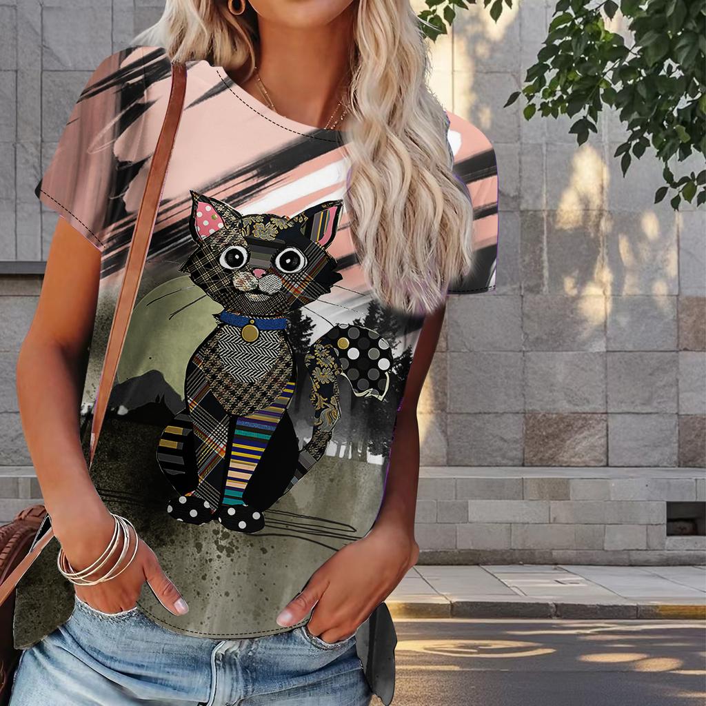 Damen Sommer T-Shirt Katzenprint Retro Mode Kurzarm T-Shirts Lässig Bedruckte Oberteile