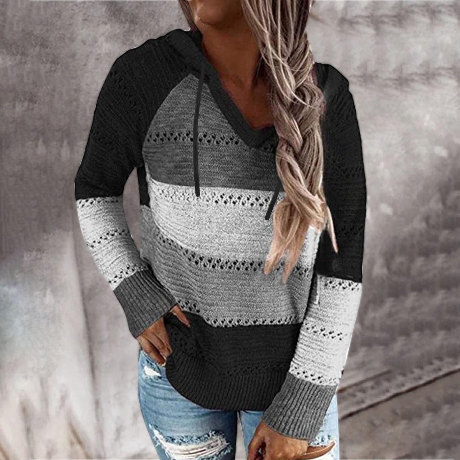 

Women s Lightweight Color Block Hooded Sweaters Hoodies Pullover Sweatshirts L чёрный